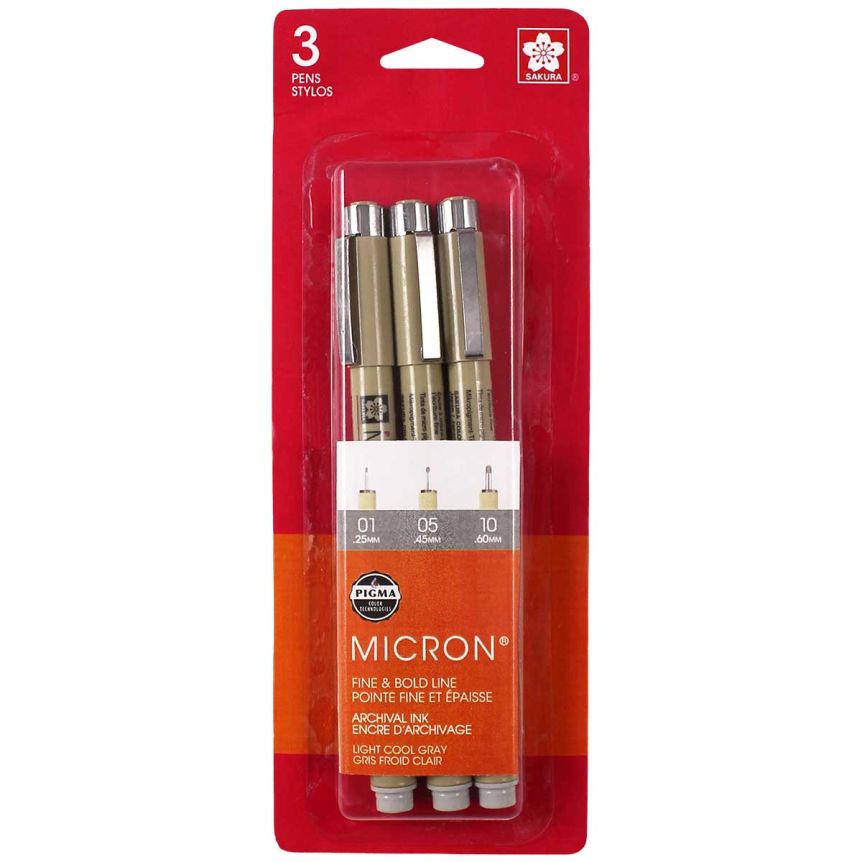 Sakura Pigma Micron Pen Set of 3 Assorted Nibs - Light Toner Gray