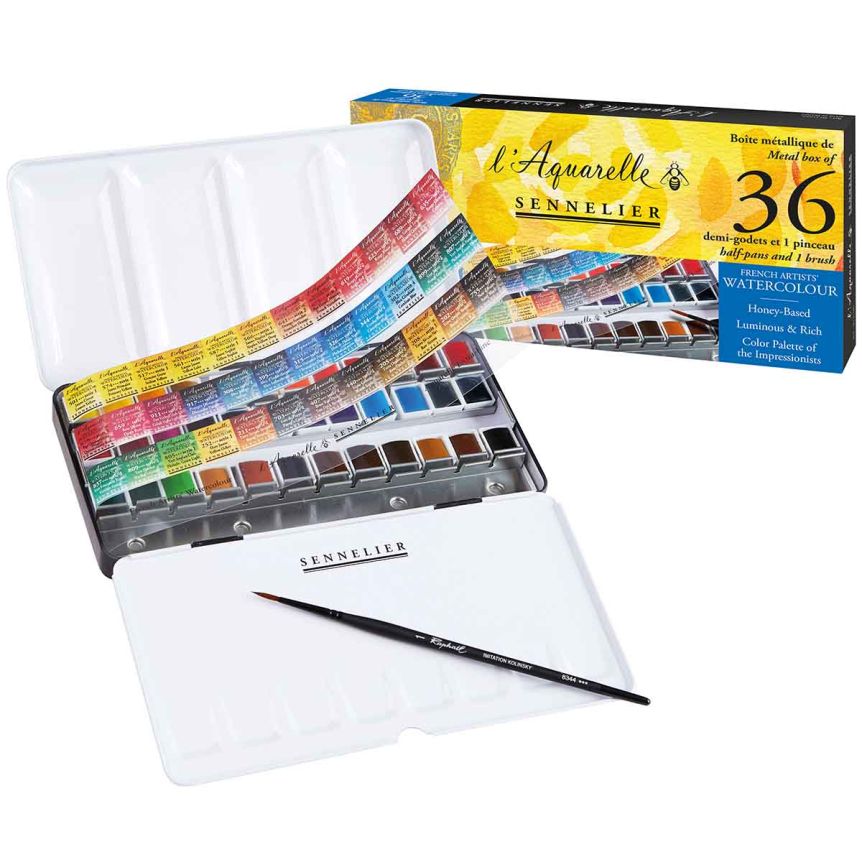Sennelier L’Aquarelle French Artists’ Watercolor Metal Case Set of 36, Half Pans