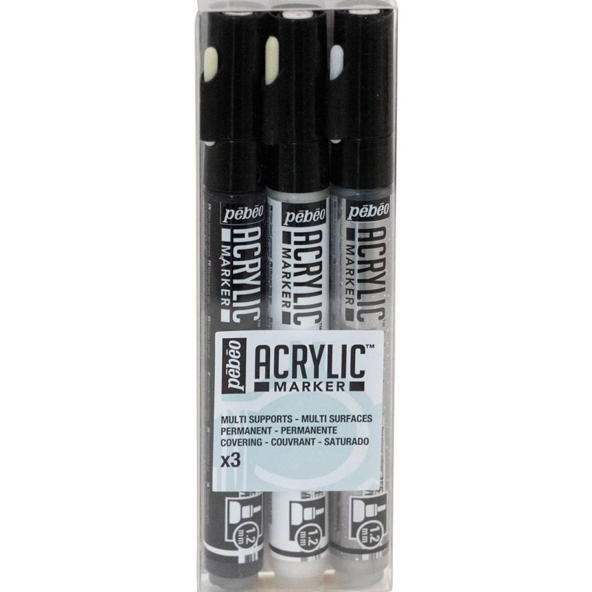 Pebeo Acrylic Marker Set of 3 - Black/White/Silver
