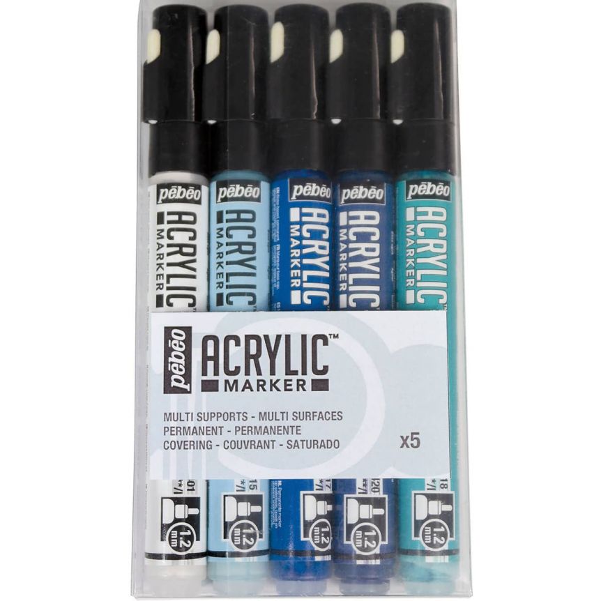 Pebeo Acrylic Marker Set of 5 - White/Black/Cyan/Blue/Night Blue
