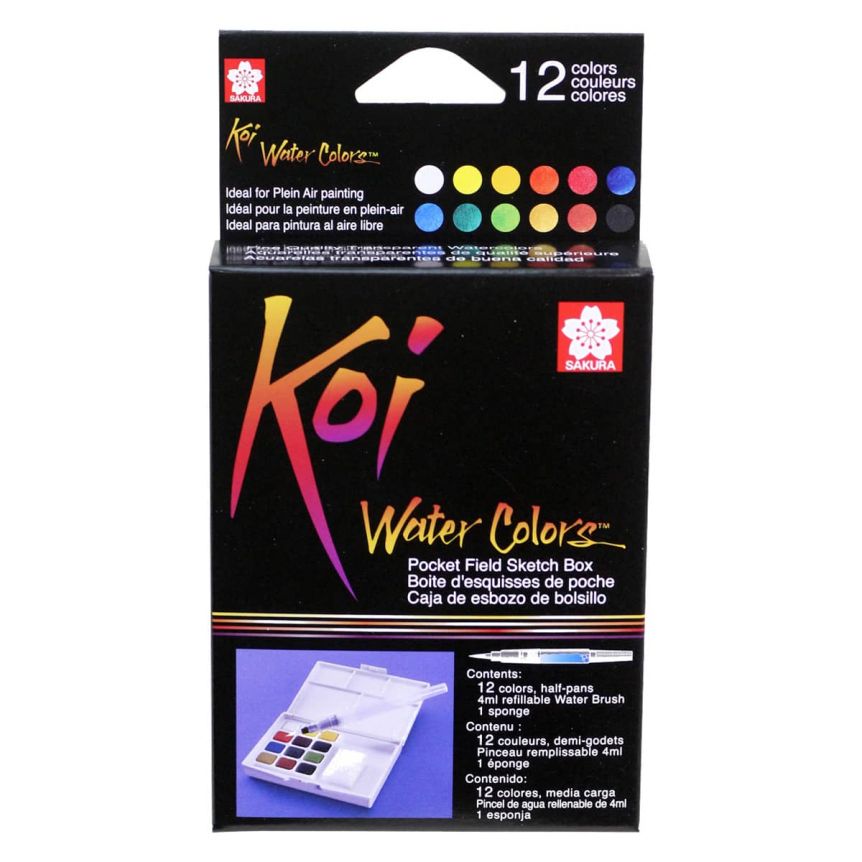 Koi Watercolor Pocket Field Sketch Box Set of 12 Half-Pans w/ Waterbrush