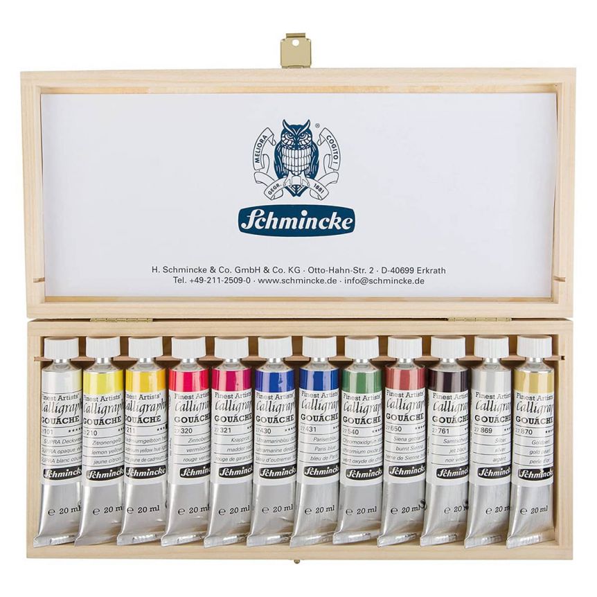 Schmincke Calligraphy Gouache Wood Box Set of 12 Colors, 20ml Tubes