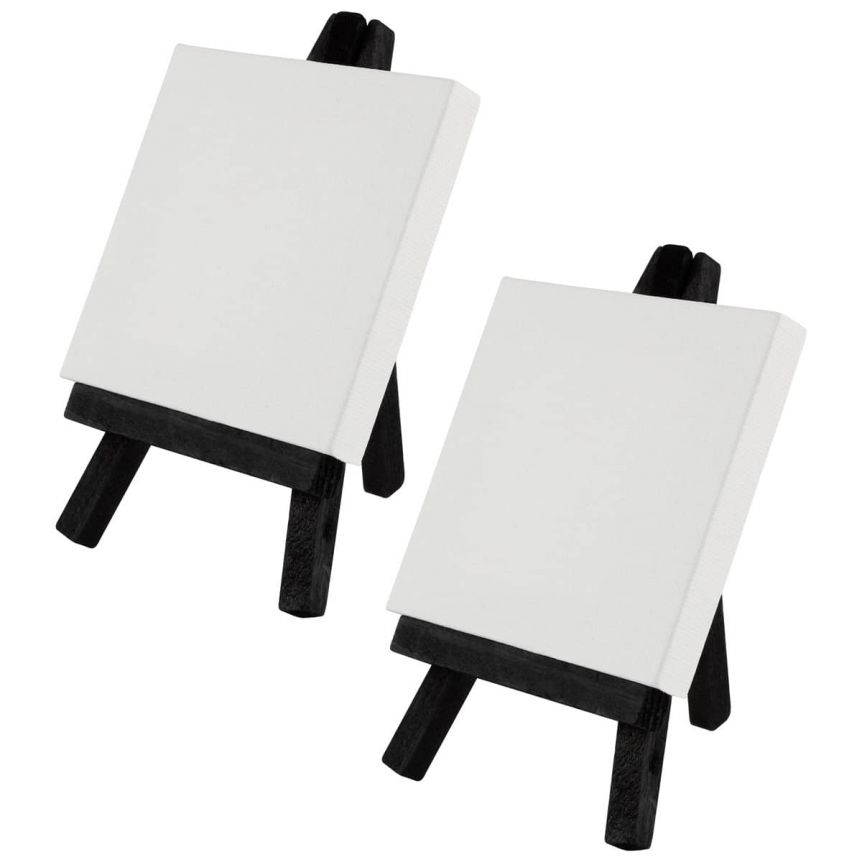 Creative Mark Ultra Mini Black Stretched Canvas & Black Wood Easel for  SmAll Paintings - 3x3 inch [20 pack] Perfect to Paint or Displaying  SmAll-scale Arts and Crafts 