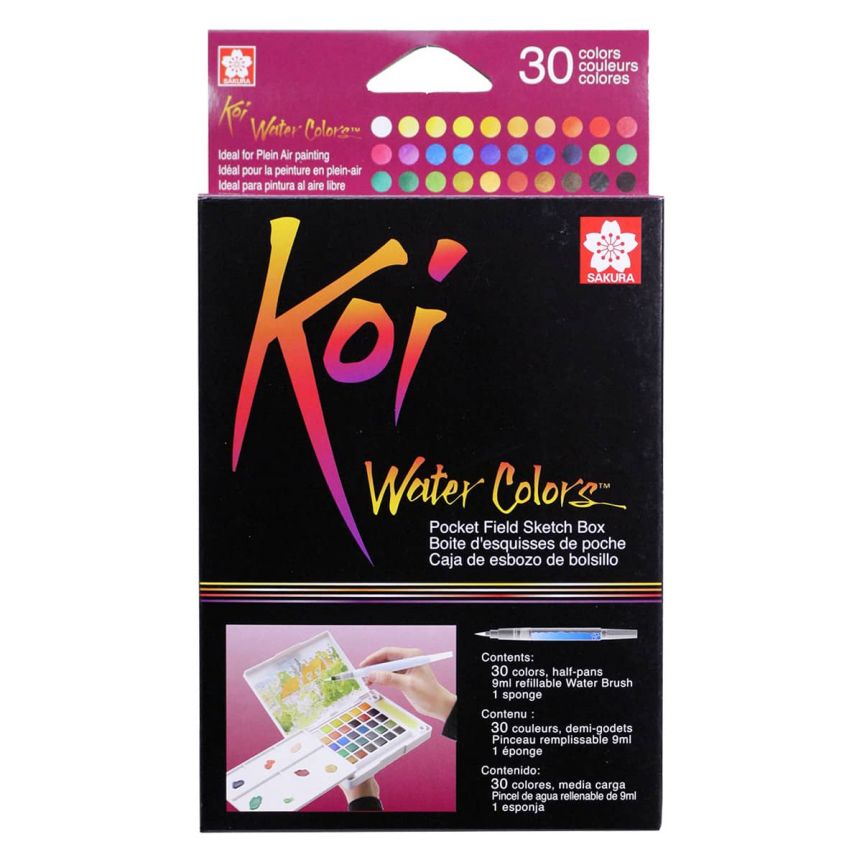 Koi Watercolor Field Sketch Box Set of 30 Half-Pans w/ Waterbrush