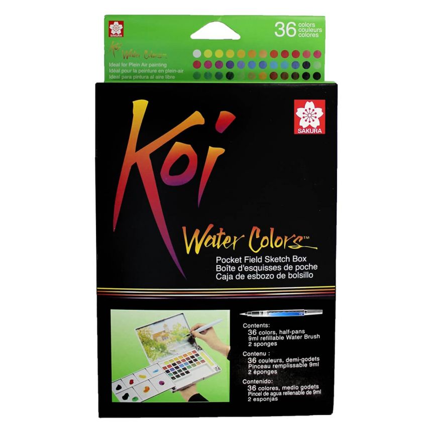 Koi Watercolor Field Sketch Box Set of 36 Half-Pans w/ Waterbrush
