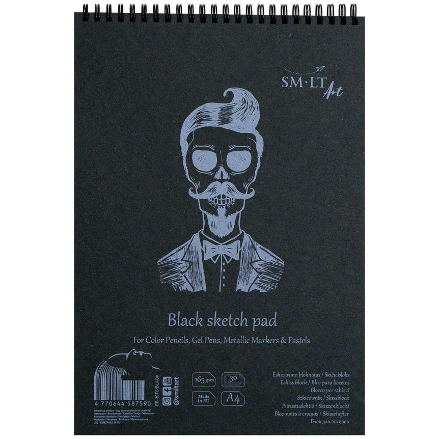 SMLT Authentic Black Sketch Paper Pad, 170 gsm, A4 (8.25” x 11”), 30 Sheets, Spiral Bound