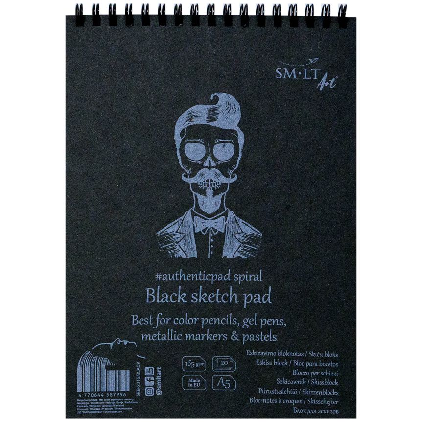 SMLT Authentic Black Sketch Paper Pad, 170 gsm, A5 (5.75” x 7.5”), 20 Sheets, Spiral Bound