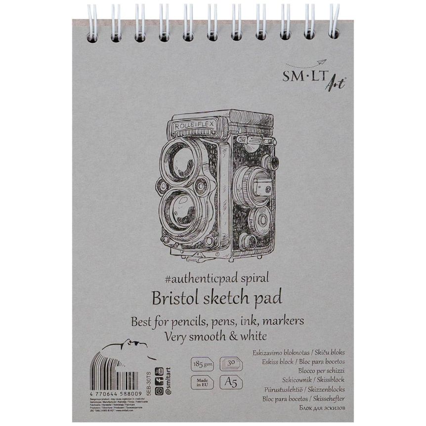 SMLT Authentic Bristol Sketch Paper Pad, 185 gsm, A5 (5.75" x 7.5"), 30 Sheets, Spiral Bound