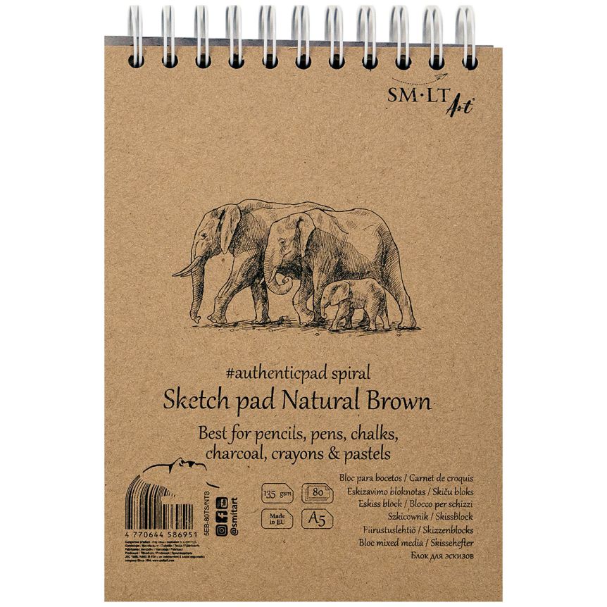 SMLT Authentic Brown Sketch Paper Pad, 135 gsm, A5 (5.75” x 7.5”), 80 Sheets, Spiral Bound
