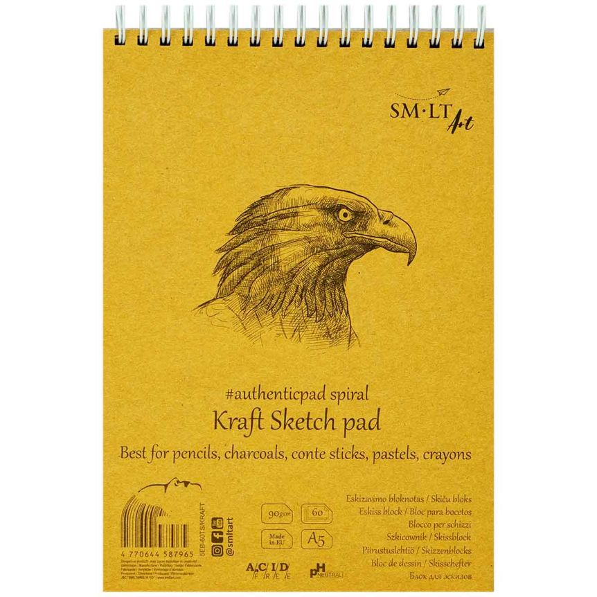 SMLT Authentic Kraft Sketch Paper Pad, 90 gsm, A5 (5.75" x 7.5"), 60 Sheets, Spiral Bound