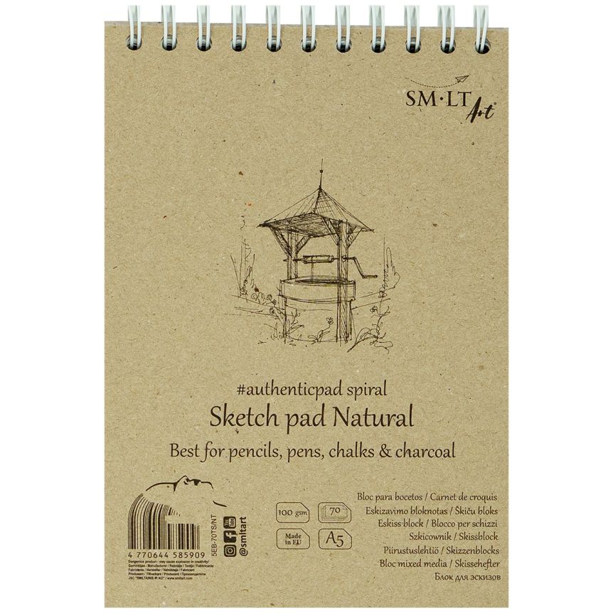 SMLT Authentic Natural Sketch Paper Pad, 100 gsm, A5 (5.75” x 7.5”), 70 Sheets, Spiral Bound