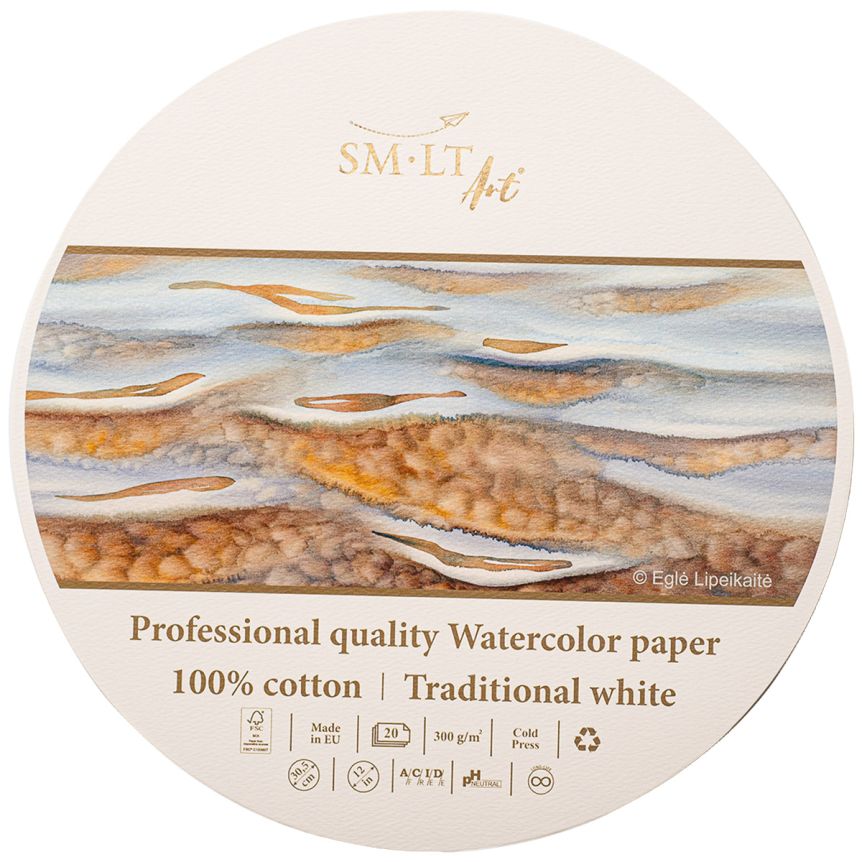 SMLT Professional Watercolor Paper Pad - Cold Press, 300 gsm, 12” Round, 20 Sheets