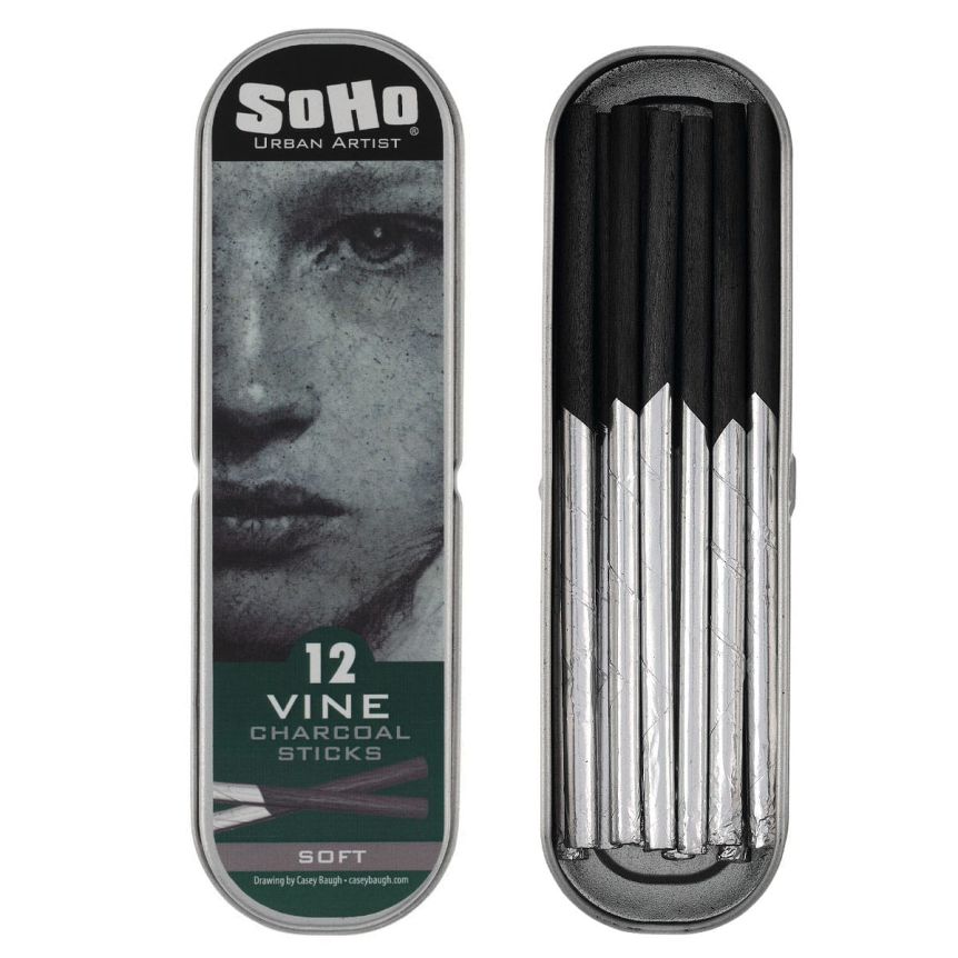 Soho Artist Natural Vine Charcoal Sticks, Soft 12 Tin Set