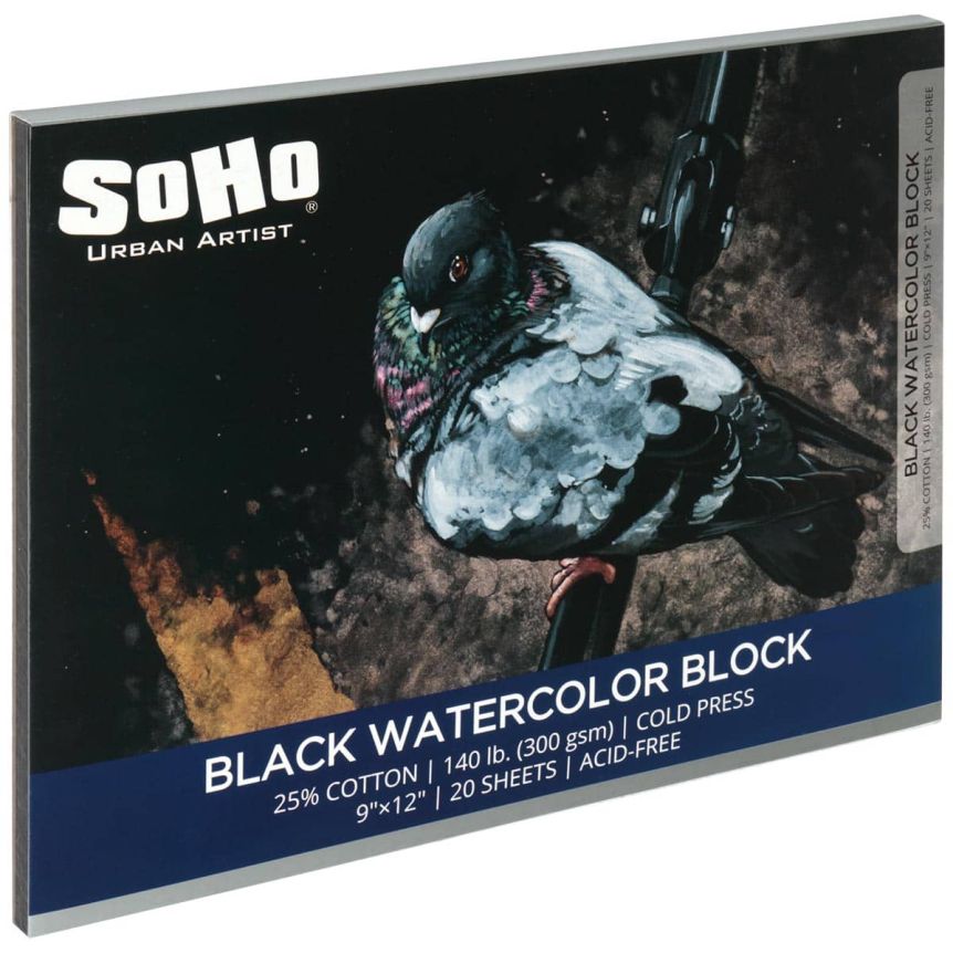 SoHo Urban Artist Black Watercolor Block 9"x12", 140 lb. (20 Sheets)