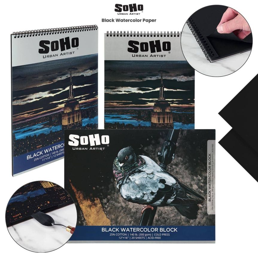 SoHo Urban Artist Black Watercolor Blocks, Pads, and Sheets