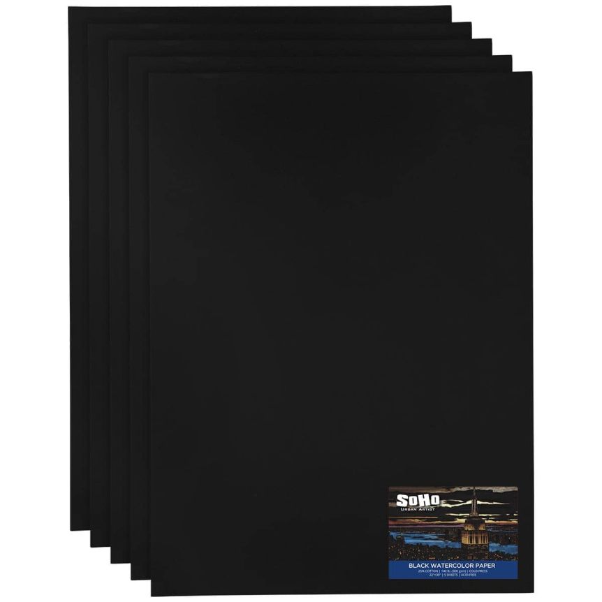 SoHo Urban Artist Black Watercolor Paper 22"x30", 140 lb. (5 Sheets)