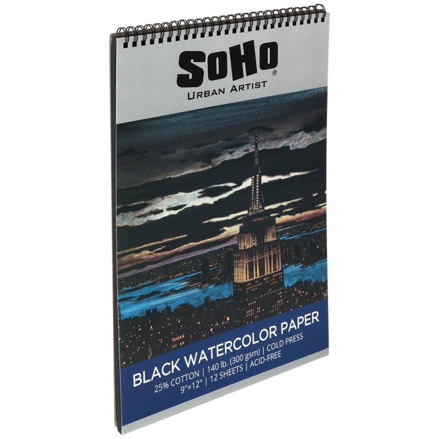 SoHo Urban Artist Black Watercolor Spiral Pad 9"x12", 140 lb. (12 Sheets)