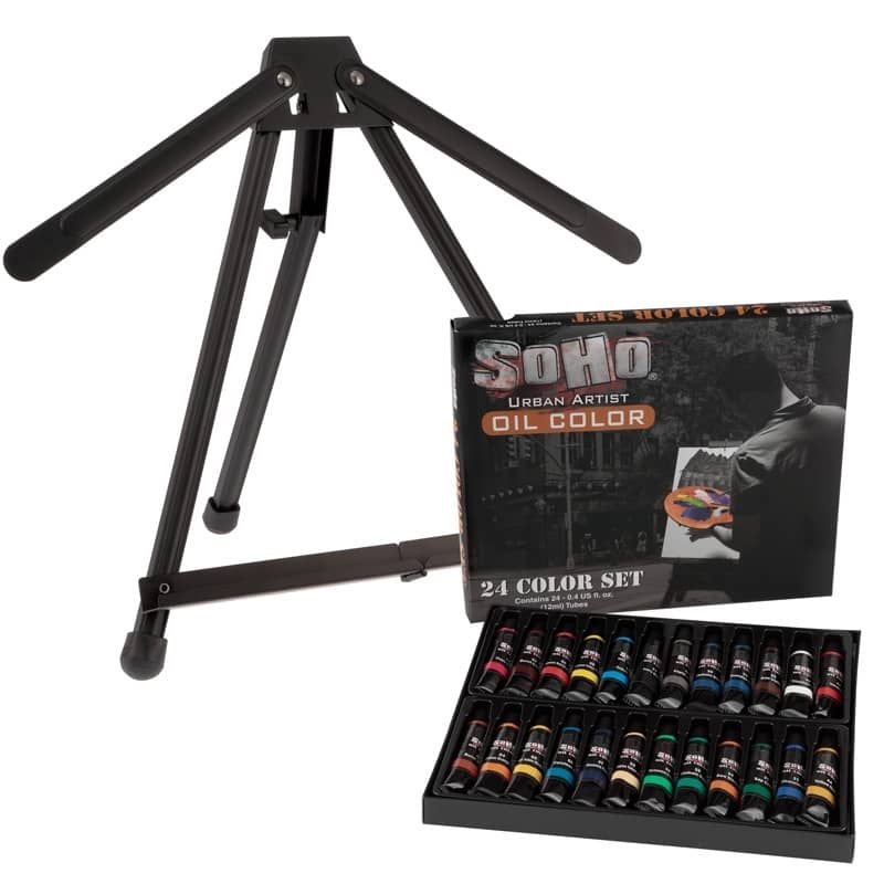 SoHo Artists Oil Paints Set of 24 w/ Aluminum Table Easel