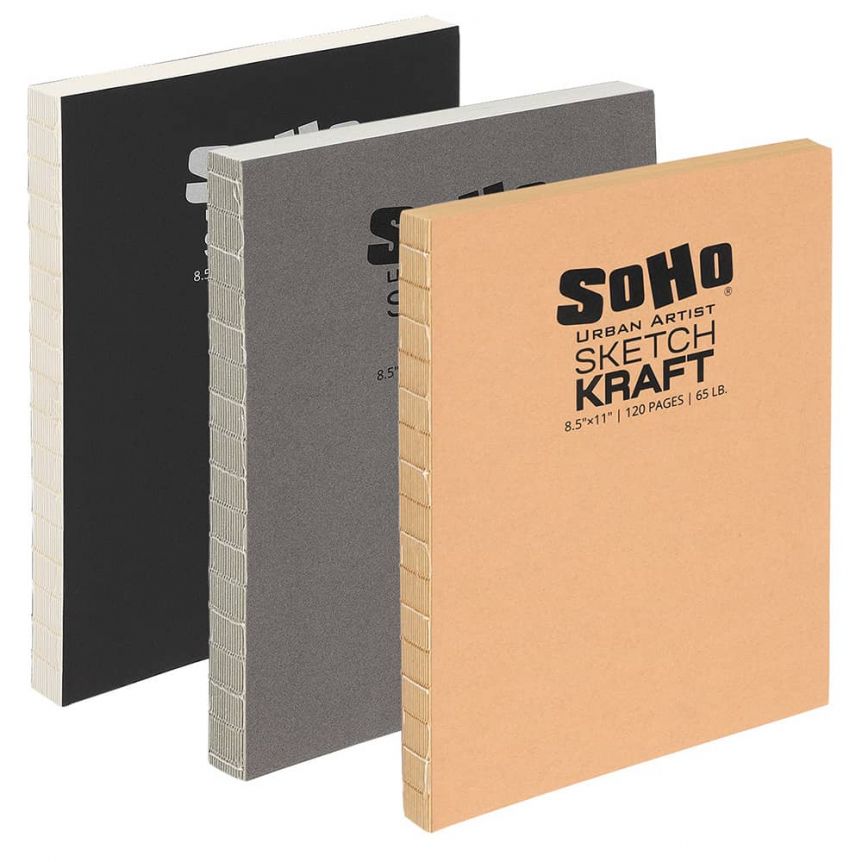 SoHo Open Bound Sketchbook 8.5x11, 3 Color Pack of Grey, Kraft & White