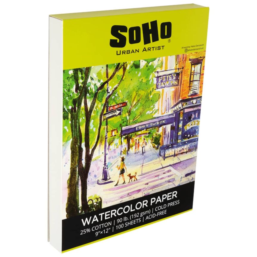 Soho Watercolor 9”x12” Pad, Glue bound, 100 sheets of 90lb. cold press paper