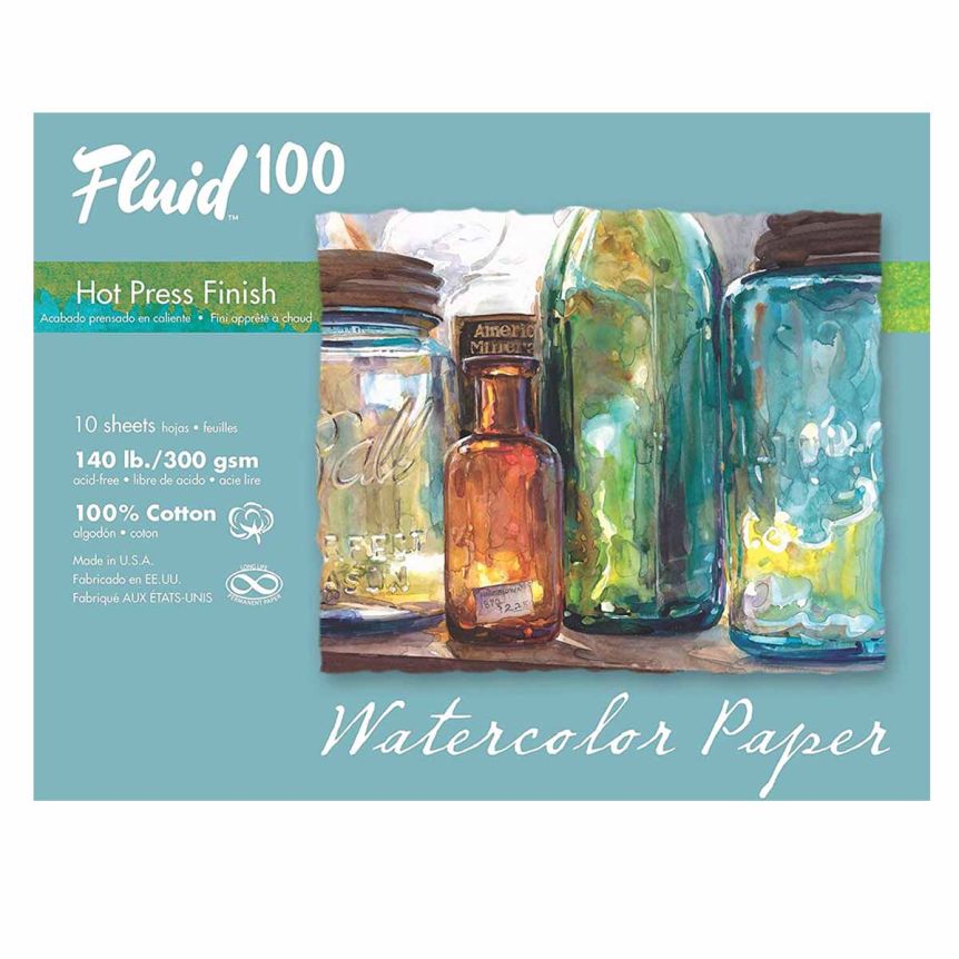 Speedball Fluid 100 Watercolor Paper Sheet Pochette - 140lb Hot Press, 11"x 14" (10 Sheets)