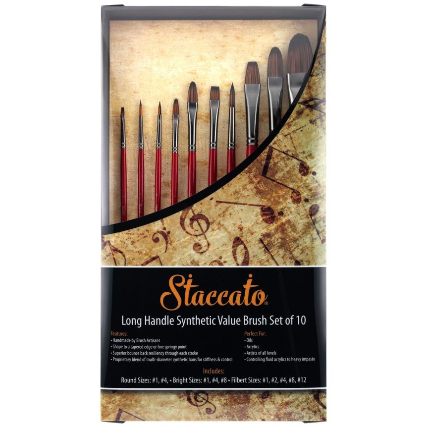 Staccato Long Handle Synthetic Artist Brushes, Value Set of 10