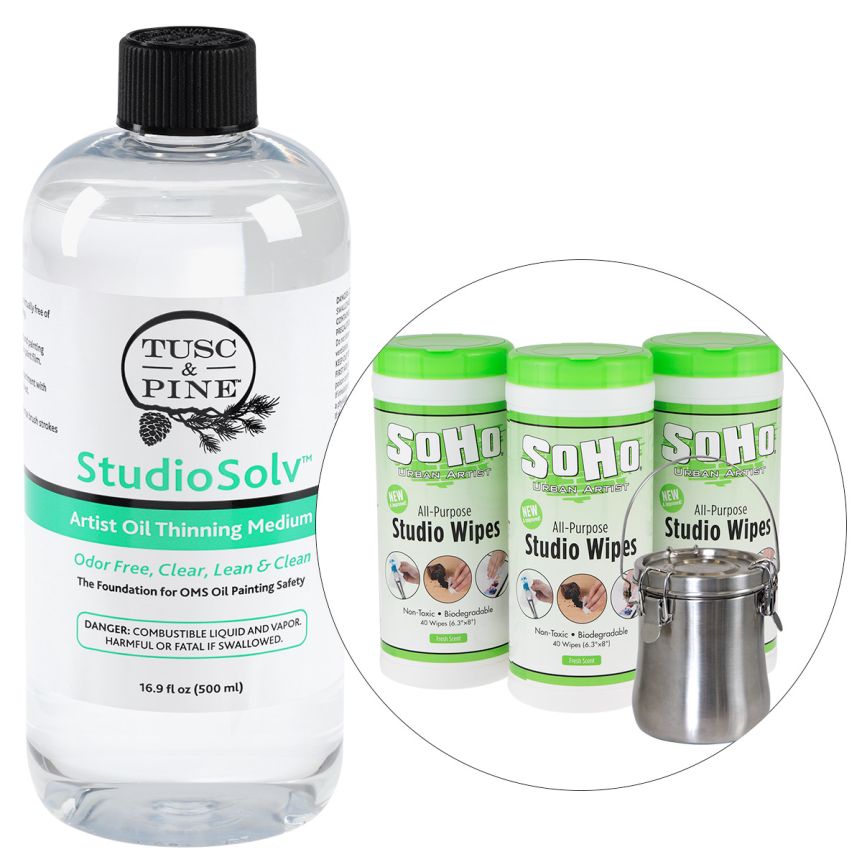 Tusc & Pine StudioSolv Artist Oil Thinning Medium - 16.9ox, 500ml bottle with Soho Wipes and brush washer