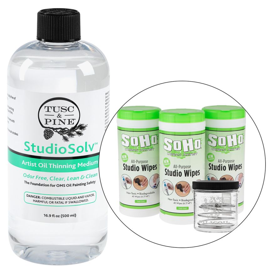 StudioSolv&trade; Artist Oil Thinning Medium (16.9oz) with Silicoil Brush Cleaner Tank and 120 Count Soho Wipes Set