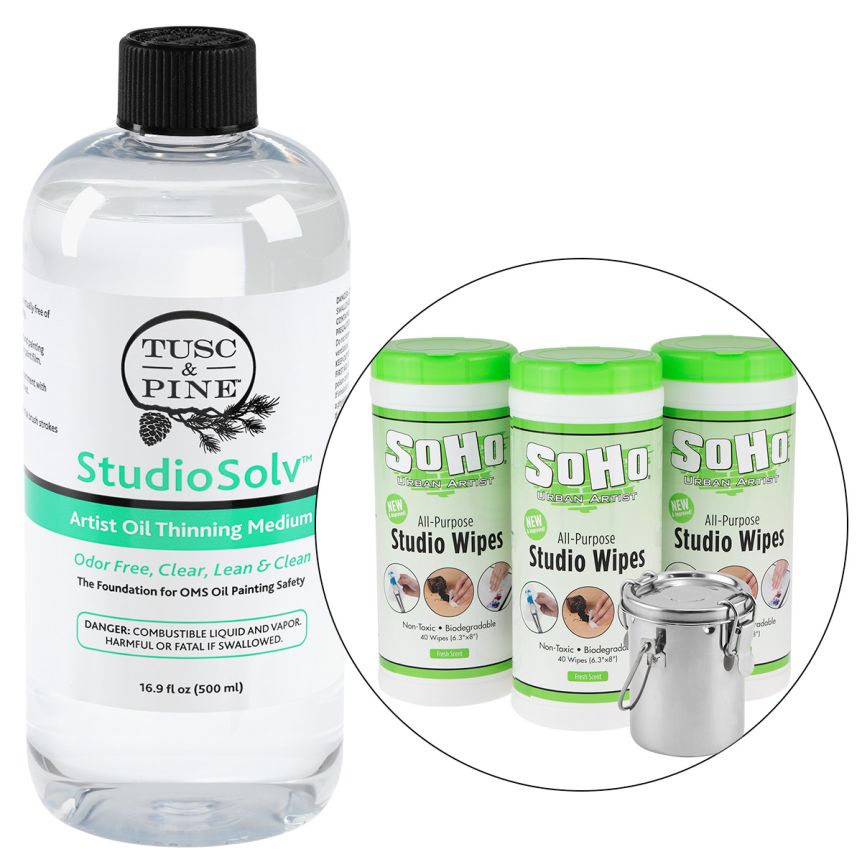 StudioSolv™ Artist Oil Thinning Medium (16.9oz) with Petite Air-Tight Brush Washer and 120 Count Soho Wipes Set