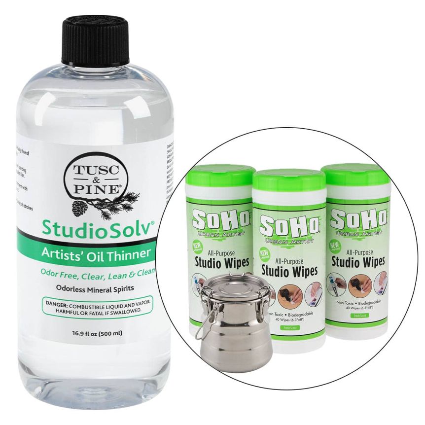 StudioSolv Artists' Oil Thinner (16.9oz) with Da Vinci Air-Tight Brush  Washer and 120 Count Soho Wipes Set