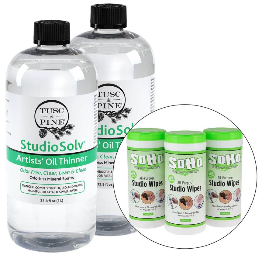 StudioSolv Artists' Oil Thinner (1L) 2-Pack with 120 Count Soho Wipes Set
