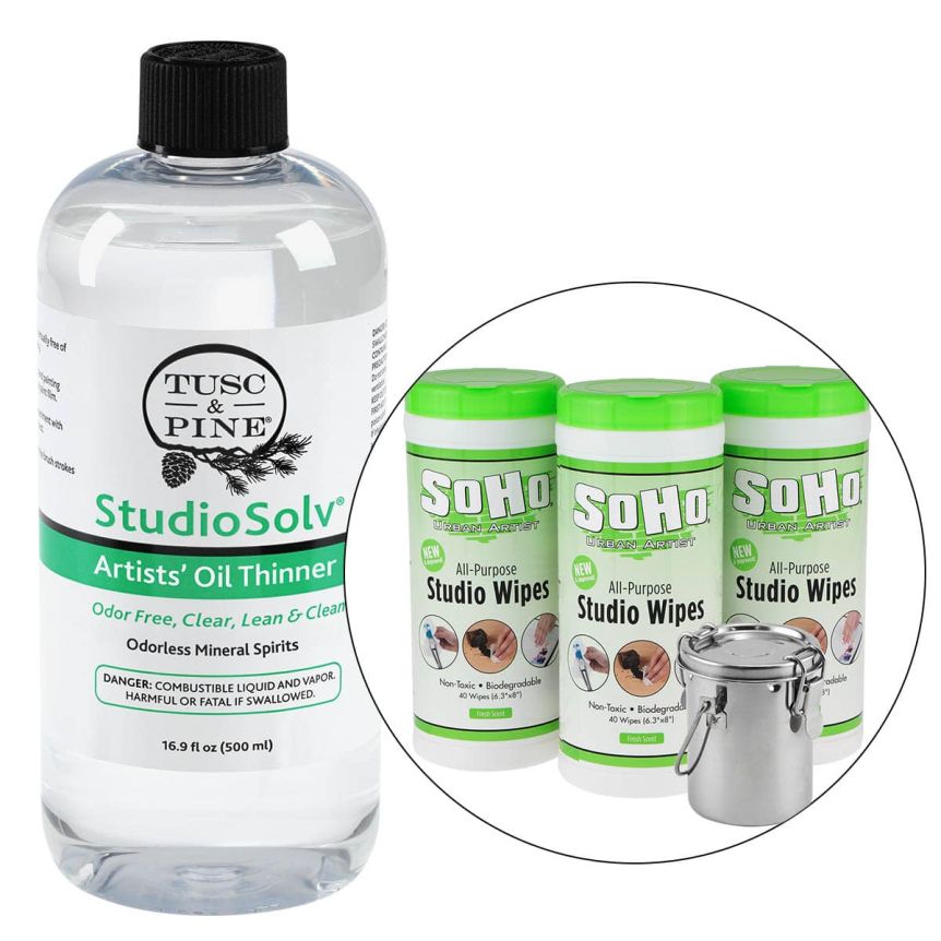 StudioSolv Artists' Oil Thinner (16.9oz) with Petite Air-Tight Brush Washer and 120 Count Soho Wipes Set