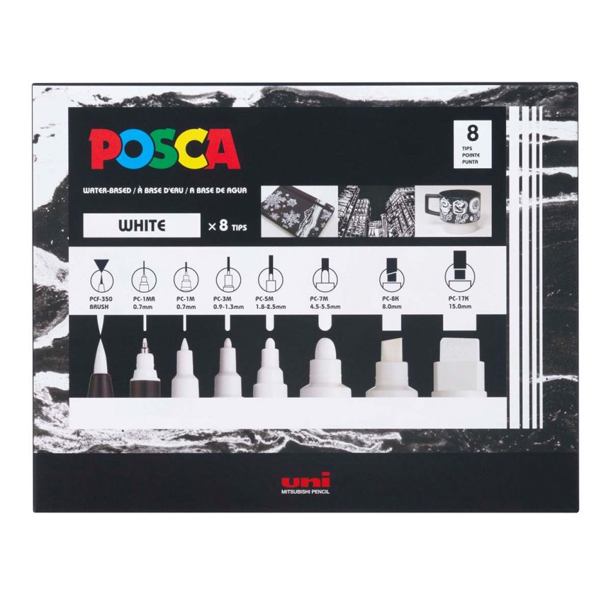 Posca Markers, White Set of 8, Assorted Sizes