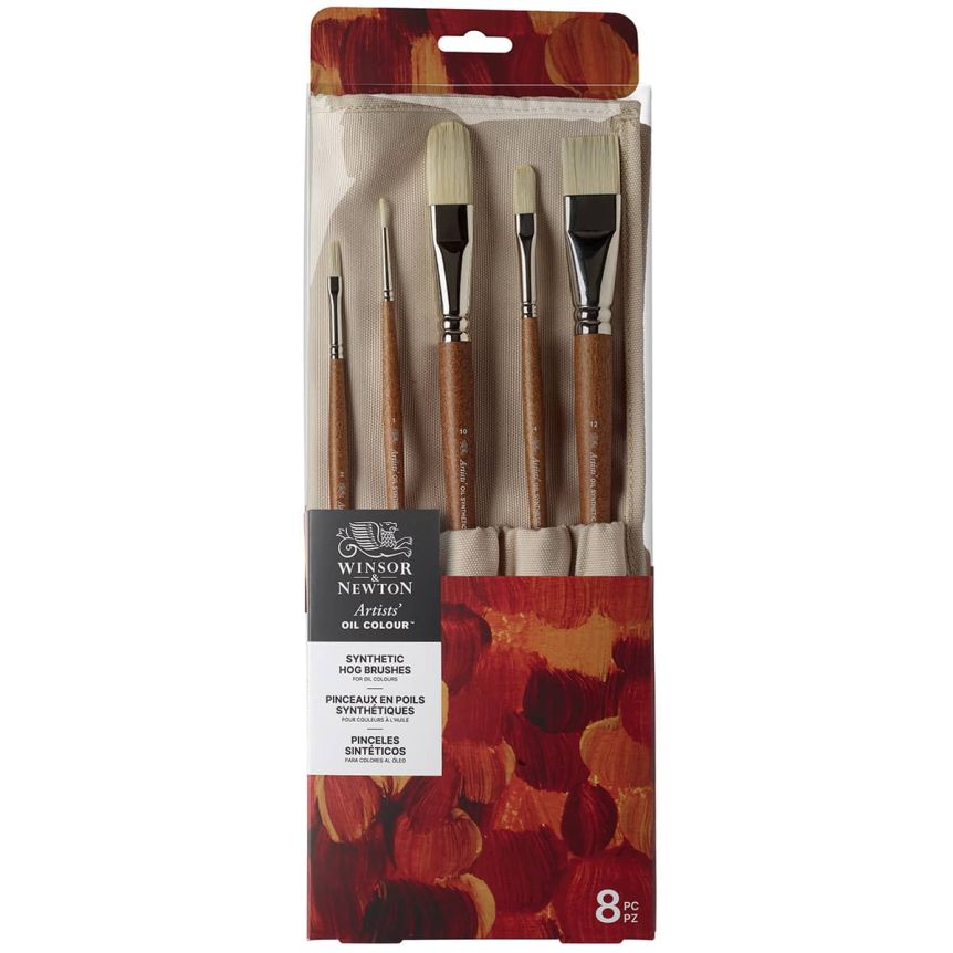 Winsor & Newton Artists' Oil Synthetic Hog Brushes - Assorted Set of 8 + Roll Up Case