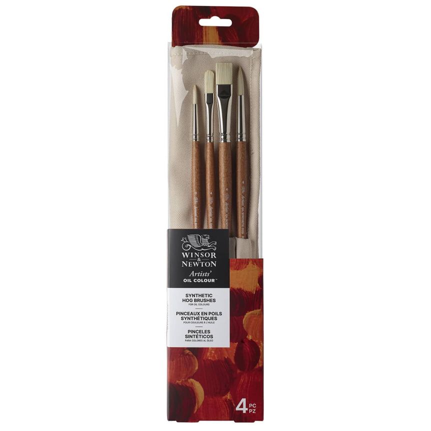 Winsor & Newton Artists' Oil Synthetic Hog Brushes - Assorted Set of 4 + Wallet Case