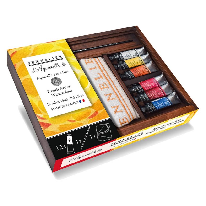 Sennelier L'Aquarelle French Artists' Watercolor Wood Box Set of 12 + Cloth, 10ml Tubes