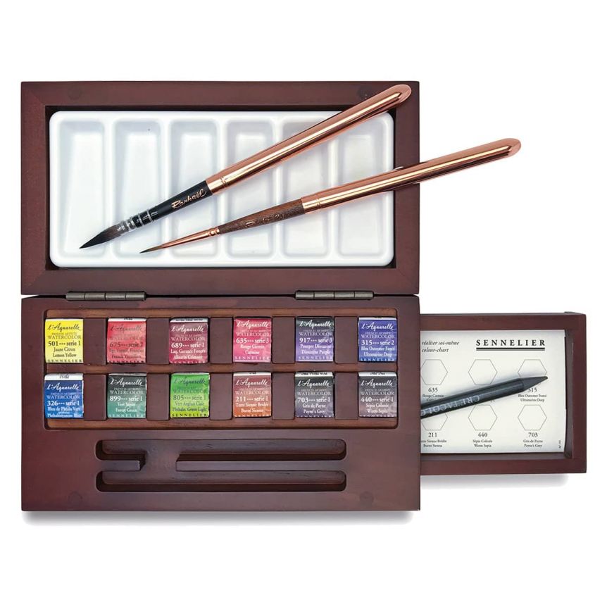 Sennelier French Artist Watercolor Set Featured in an Elegant Black Wooden  Box, 24 Aquarelle Watercolor Half Pans with 2