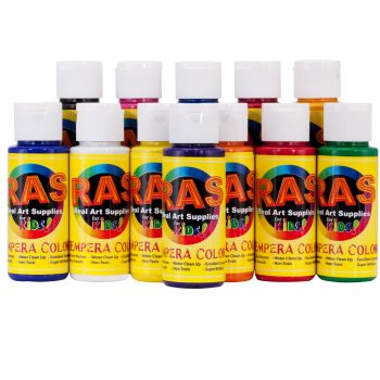 RAS Tempera Paint for Kids Set of 12 2 oz. Bottles - Assorted Colors