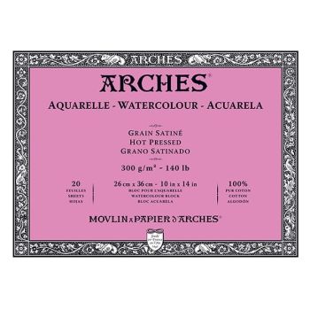 Arches Watercolor Block 10"x14", 140lb Hot Press, 20 Sheets Natural White