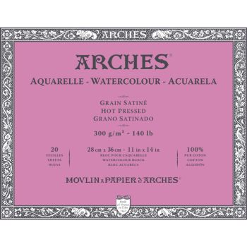 Arches Watercolor Block 11"x14", 140lb Hot Press, 20 Sheets Natural White