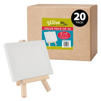 Box of 20 Ultra-Mini White Canvas 3x4" w/ Natural Easel Set