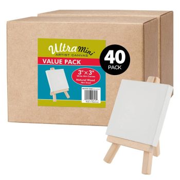 Box of 40 Ultra Mini White Canvas 3x3 in w/ Natural Easel Set
