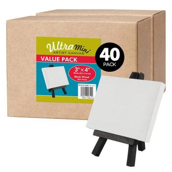 Box of 40 Ultra Mini White Canvas 3x4 in w/ Mini Black Easel Set