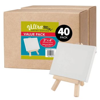 Box of 40 Ultra Mini White Canvas 3x4 in w/ Natural Easel Set