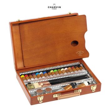 Charvin Professional Oil Paint Extra Fine Color Wood Box Set of 17 w/Accessories