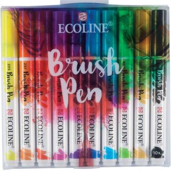Ecoline Set of 10 Liquid Watercolor Water-Based Brush Pens - Assorted Colors