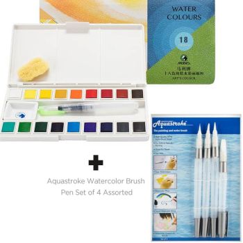 Marie's Sketch and Go 18 Pan Watercolor Set with Set of 4 Aquastroke Brush Pens