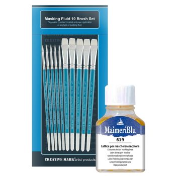 Masking Fluid Brush Set of 10 w/ Maimeriblu 75ml Masking Fluid