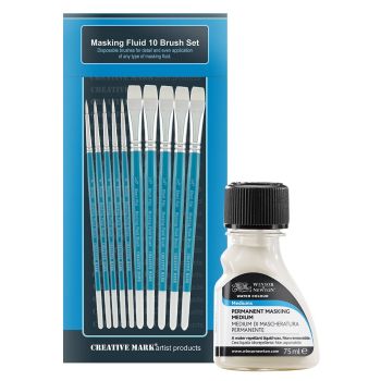 Masking Fluid Brush Set of 10 w/ Winsor & Newton 75ml Permanent Masking Medium