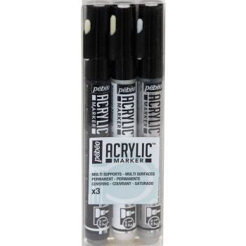 Pebeo Acrylic Marker Set Of 3 Black/ White/ Silver 